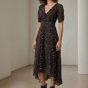 AllSaints Floral Midi Dress Black V-Neck Short Sleeve Size US 4